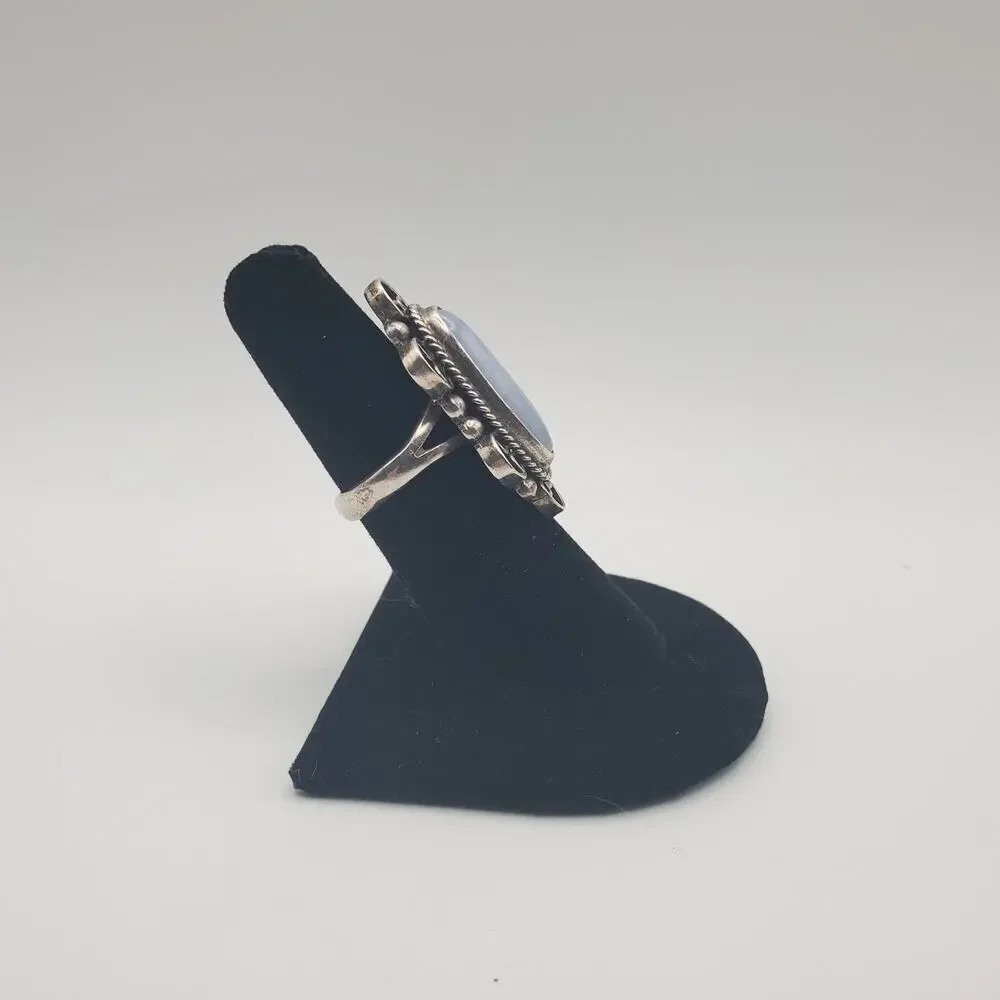 Vintage CII 925 MEXICO Sterling Silver Elongated Blue Lace Agate Ring Size 6